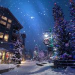 night time scene with holiday lights and snowy street